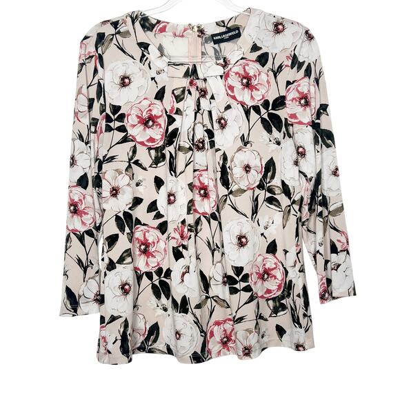 KARL LAGERFELD Vianne Floral Pleated Bow Blouse 3/4 Sleeve Cream Multi Womens L - Picture 2 of 9